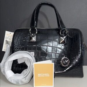 NEW Michael Kors Glossy Black Croc-Embossed Satchel medium duffle multi way